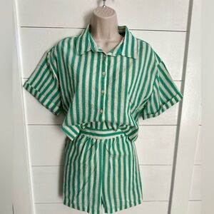 JAPNA stripe elastic waist button resortwear casual beach summer short set NWT S